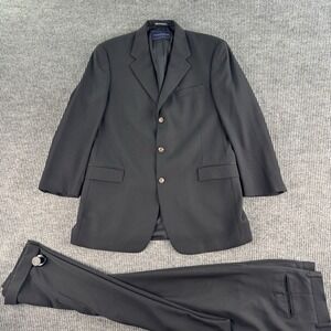 Tommy Hilfiger Suit 43L 37x30 Black Wool Solid 3 Button Pleated Premium Designer